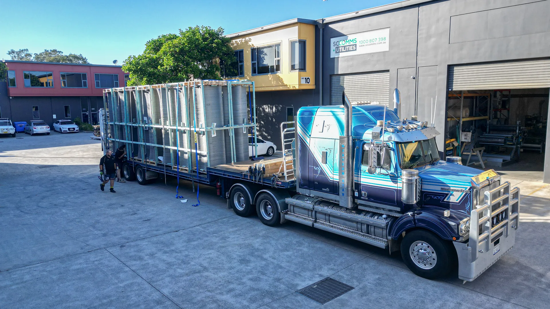 Printed columns loaded on a truck at the Contour3D factory for delivery to site